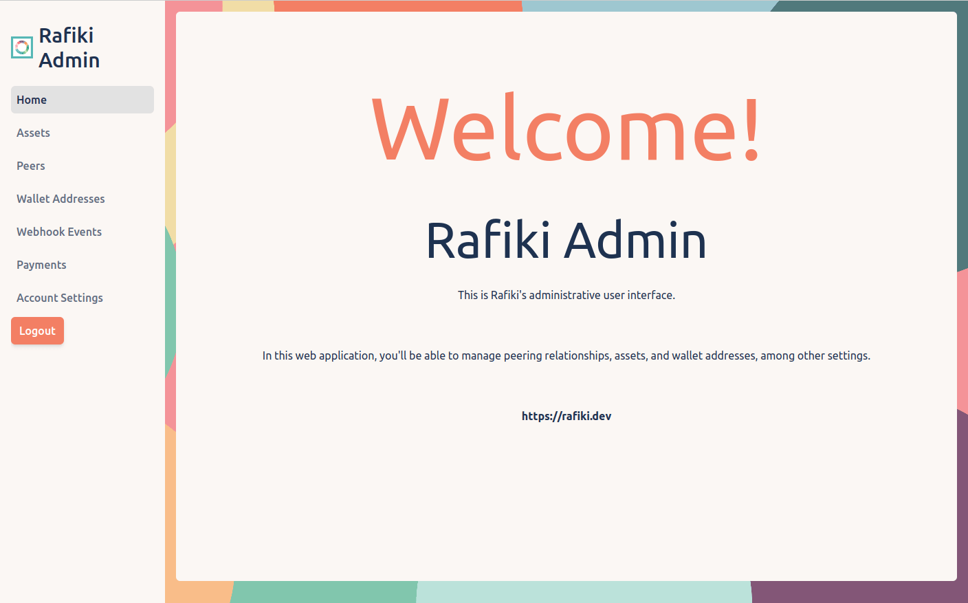 Rafiki Admin home screen